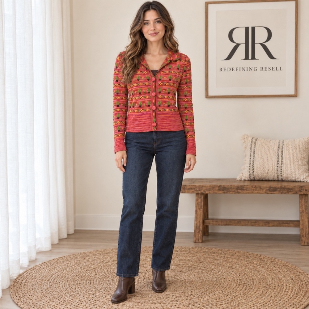 Zara Womens Cactus Floral Knit Cardigan Pink Orange Small Long Sleeve Button Top